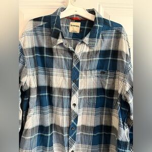 SIMMS Shoul Lightweight Flannel‎ Button Up Plaid Blue Outdoor Shirt Mens XL